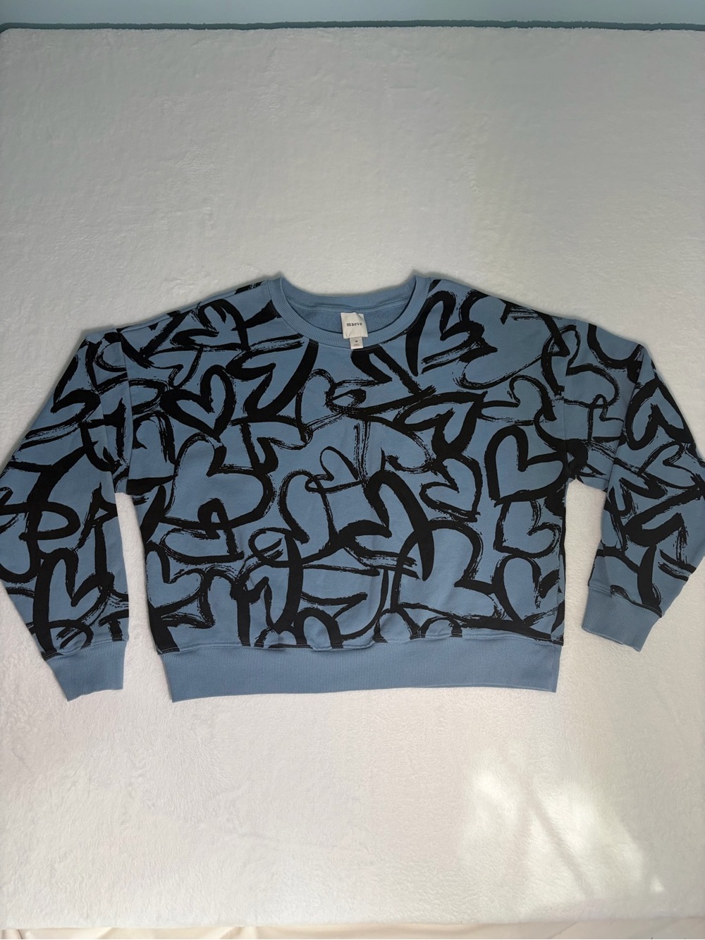 Anthropologie Maeve Blue Crewneck Sweatshirt with Black Heart Print